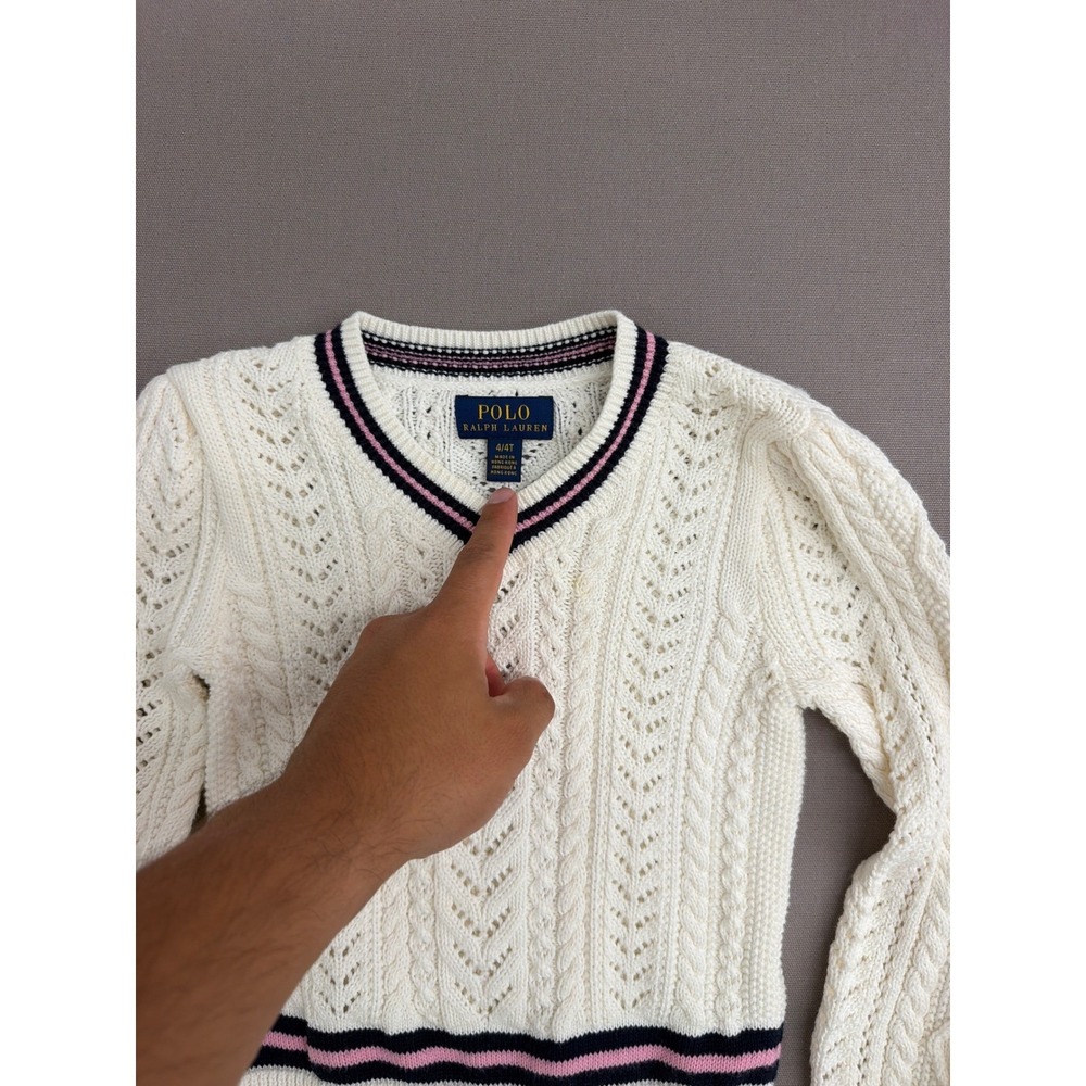 Polo Ralph Lauren Girls Cream Cable Knit Varsity V-Neck Sweater Size 4/4T 1831 - Picture 3 of 7
